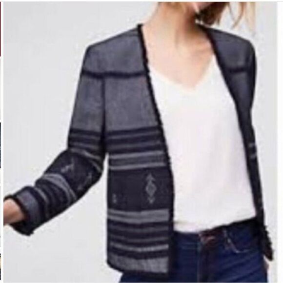 ANN TAYLOR LOFT Navy blue aztec Fringe Blazer Size Large - Picture 1 of 8